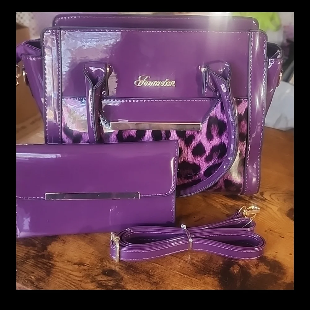 2-Piece Purple Leopard Print Handbag & Wallet Set Purple Leopard purse Suitable